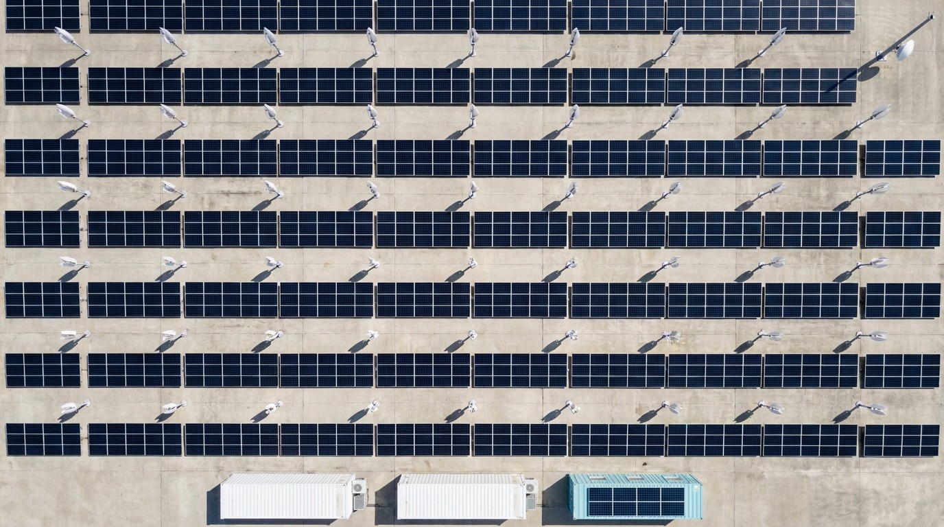 AI concept: the full site, turbines, solar, and connectivity together